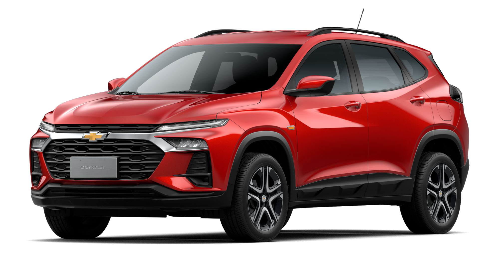 Chevrolet Tracker Turbo color Rojo Jinx vista frontal en fondo blanco